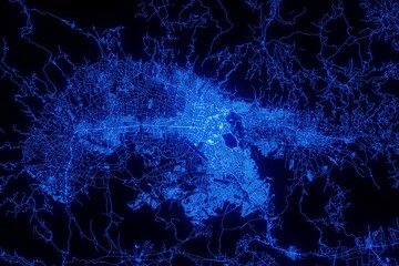 Street map of Cochabamba (Bolivia) made with blue illumination and glow effect. Top view on roads network