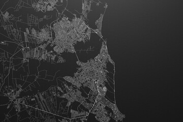 Street map of Natal (Brazil) on black paper with light coming from top