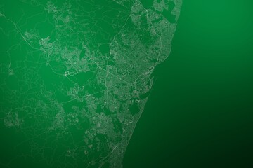 Map of the streets of Recife (Brazil) made with white lines on abstract green background lit by two lights. Top view. 3d render, illustration - obrazy, fototapety, plakaty