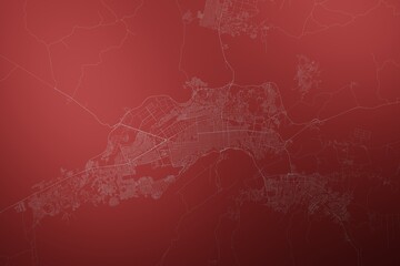 Map of the streets of Barquisimeto (Venezuela) made with white lines on abstract red background lit by two lights. Top view. 3d render, illustration - obrazy, fototapety, plakaty