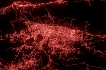 Street map of Caracas (Venezuela) made with red illumination and glow effect. Top view on roads network. 3d render, illustration