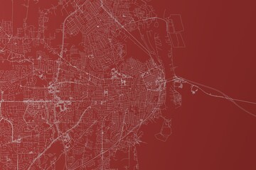 Map of the streets of Mobile (Alabama, USA) made with white lines on red background. Top view. 3d render, illustration