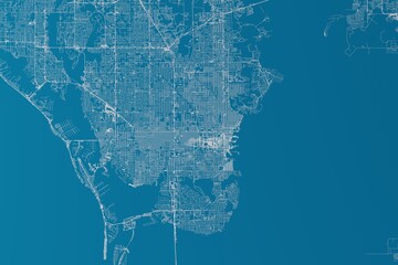 Map of the streets of St Petersburg (Florida, USA) made with white lines on blue background. 3d render, illustration