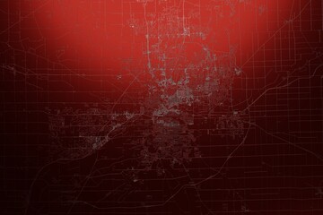 Street map of Fort Wayne (Indiana, USA) engraved on red metal background. Light is coming from top. 3d render, illustration