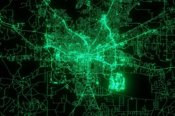 Map of the streets of Tallahassee (Florida, USA) made with green illumination and glow effect. Top view on roads network. 3d render, illustration