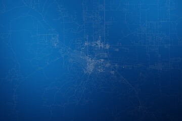 Stylized map of the streets of Helena (Montana, USA) made with white lines on abstract blue background lit by two lights. Top view. 3d render, illustration