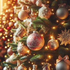 Obraz na płótnie Canvas Beautiful decorated christmas tree with christmas ball. Holiday background and happy new year