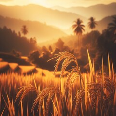 Beautiful gold rice field with selective focus texture background. The asian agriculture. Copy space