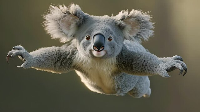 A koala contorts its body into a hilarious camel pose with its fluffy ears flopping in opposite directions.