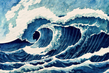 Watercolor like illustration of rolling deep blue ocean waves, gale force wind high surf and white foam. - obrazy, fototapety, plakaty