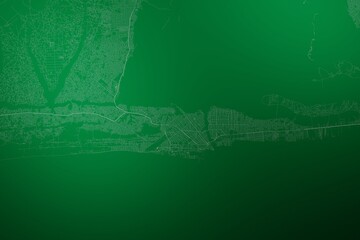 Map of the streets of Cotonou (Benin) made with white lines on abstract green background lit by two lights. Top view. 3d render, illustration