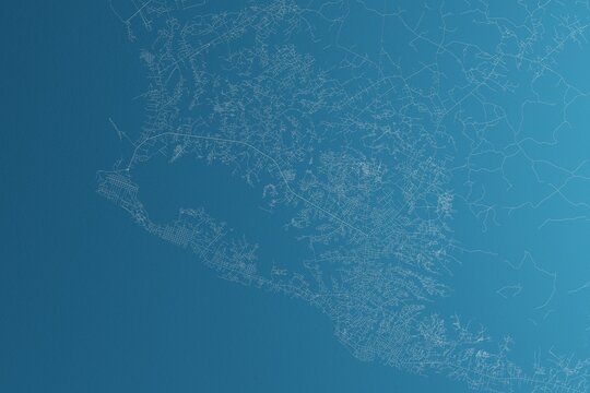 Map of the streets of Monrovia (Liberia) made with white lines on blue paper. Rough background. 3d render, illustration