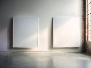 Two blank white posters hanging on wall. poster mockup. Generative AI