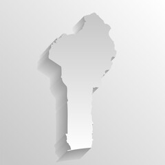 Benin country silhouette. High detailed map. White country silhouette with dropped long shadow on beige background.