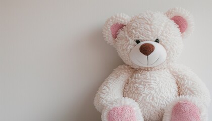 A close-up shot of a white and pink teddy bear sitting against a clean white wall, its soft gaze and endearing expression capturing the essence of innocence