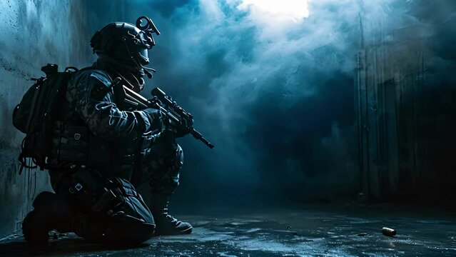 The SWAT team member stands in a stealthy crouch, his gear blending seamlessly into the dark surroundings.