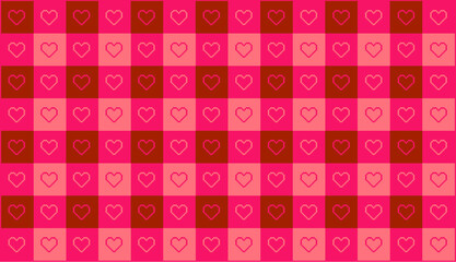 Valentines day checkered pattern background with pixel art hearts. No type. Outline, Vector illustration, in black and white, red, hot pink, pastel