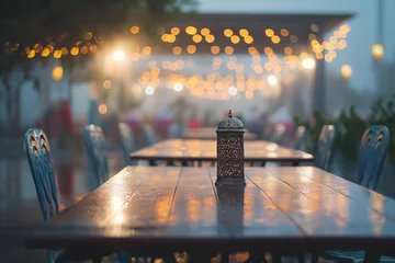 Zelfklevend Fotobehang Muziekwinkel Outdoor communal tables for breaking the collective fast, Ramadan concept. generative AI