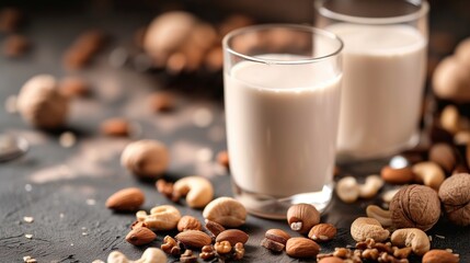 Banner with nut vegan milk in glasses. Horizontal photo with nut milk and nuts in the background with space for text. Front view. - obrazy, fototapety, plakaty