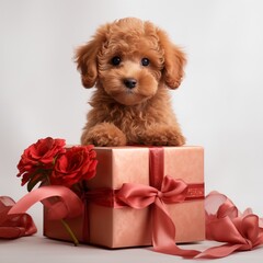 Red poodle puppy sitting next to a gift, light background