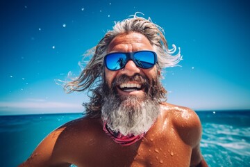 Portrait of happy senior man with long gray beard and mustache in sunglasses on sunny day on beach