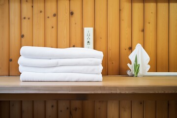 folded white towels neatly placed on a wooden sauna bench