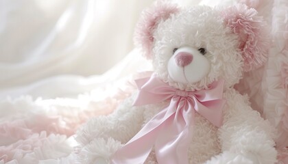 A detailed image capturing the elegance of a white and pink teddy bear adorned with a satin bow, its plush demeanor standing out against a pristine white setting