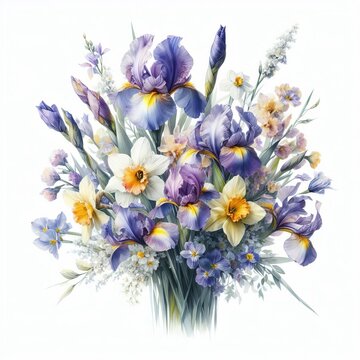 Elegant bouquet of irises and daffodils in watercolor on a white background. Spring Festival.
