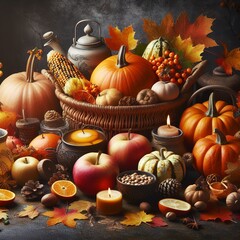 Autumn background with pumpkins and autumn fruits with copy space