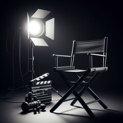 Black Director chair and studio light on black background - obrazy, fototapety, plakaty