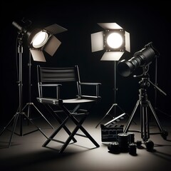 Black Director chair and studio light on black background