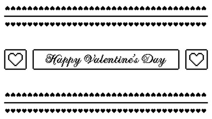 Valentines day border background with pixel art hearts and cursive type typography of Happy Valentines Day text. Vector illustration, black and white - obrazy, fototapety, plakaty
