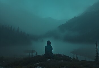 The image created based on your description and tags captures a serene morning in the mountains with various elements such as a person in the fog, sunset, silhouetted figures near the sea, a beach, an