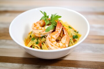 shrimp scampi over pasta with parsley garnish