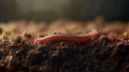 A close-up image of a single earthworm partially buried in moist, dark, fertile soil, showcasing the natural environment and the role of earthworms in soil aeration and composting.