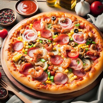 Pizza on wooden tray - Unhealthy food style