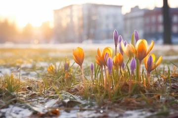 Wandcirkels aluminium crocuses emerging from the thawing ground in sunrise light © primopiano