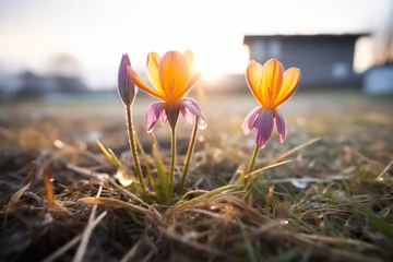 Fotobehang crocuses emerging from the thawing ground in sunrise light © primopiano