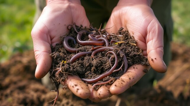 A pair of human hands gently cradling a cluster of active earthworms amidst rich, dark fertile soil, symbolizing sustainable agriculture and soil health.