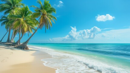 Long banner photo of beach with palm trees, tropical idyll