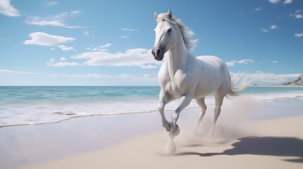 Obraz na płótnie Canvas Beautiful White Horse Galloping Along the Beach