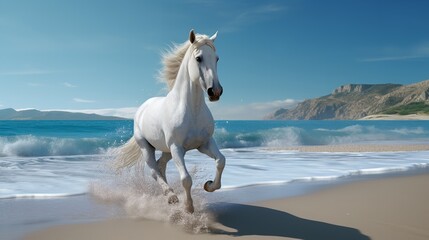Fototapeta premium Beautiful White Horse Galloping Along the Beach