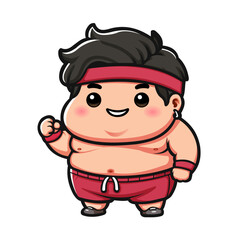 Chubby boy cartoon in red shorts pants and headband