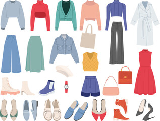 set of women's shoes and clothes, on a white background vector