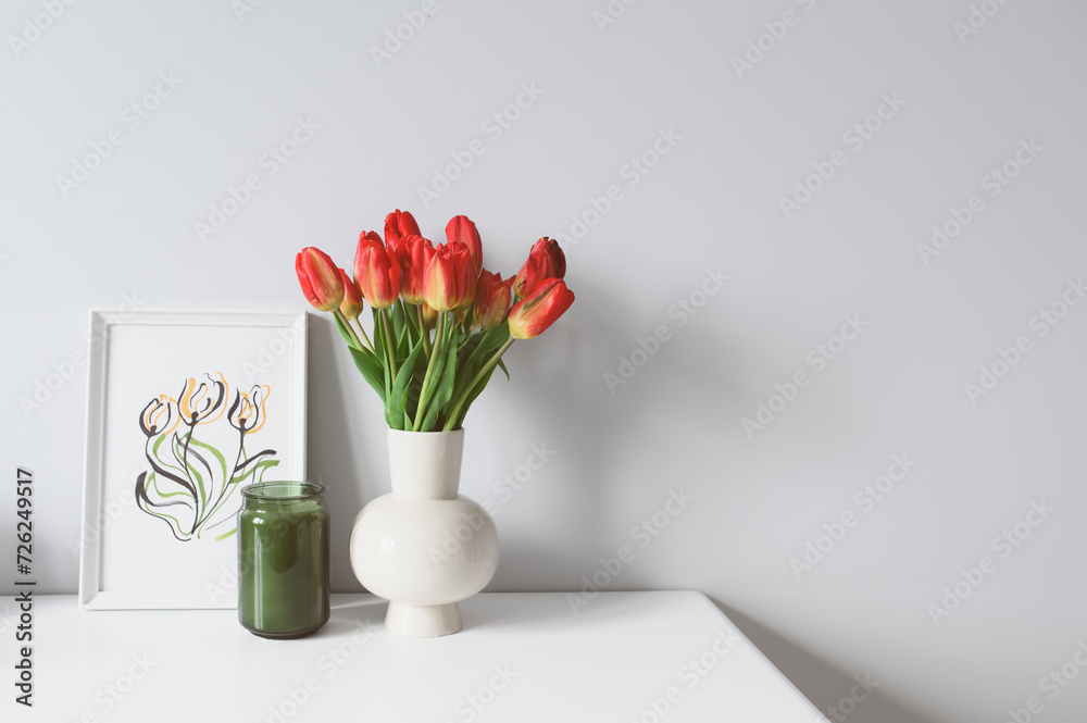 Wall mural spring home decoration with flowers, bouquet of red tulips with handmade aquarelle poster on white b