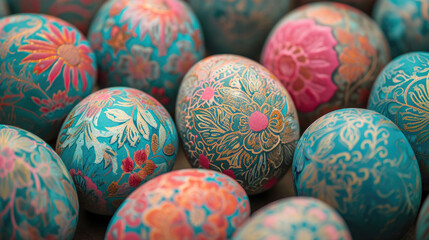 Fototapeta na wymiar Blue Easter eggs decorated with a floral pattern for the background.