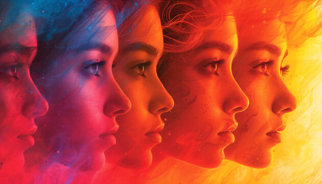 reincarnation, multiple personalities and feminism concept illustration 