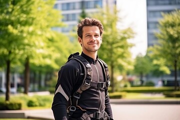 Portrait of a handsome young man with backpack standing in the park