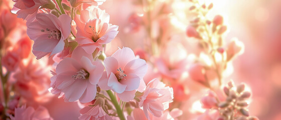 Ultra wide greeting card, combination of light pink and white flowers, blurred and cozy background