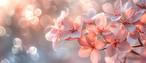 Fototapeta na wymiar Ultra wide greeting card, combination of light pink and white flowers, blurred and cozy background